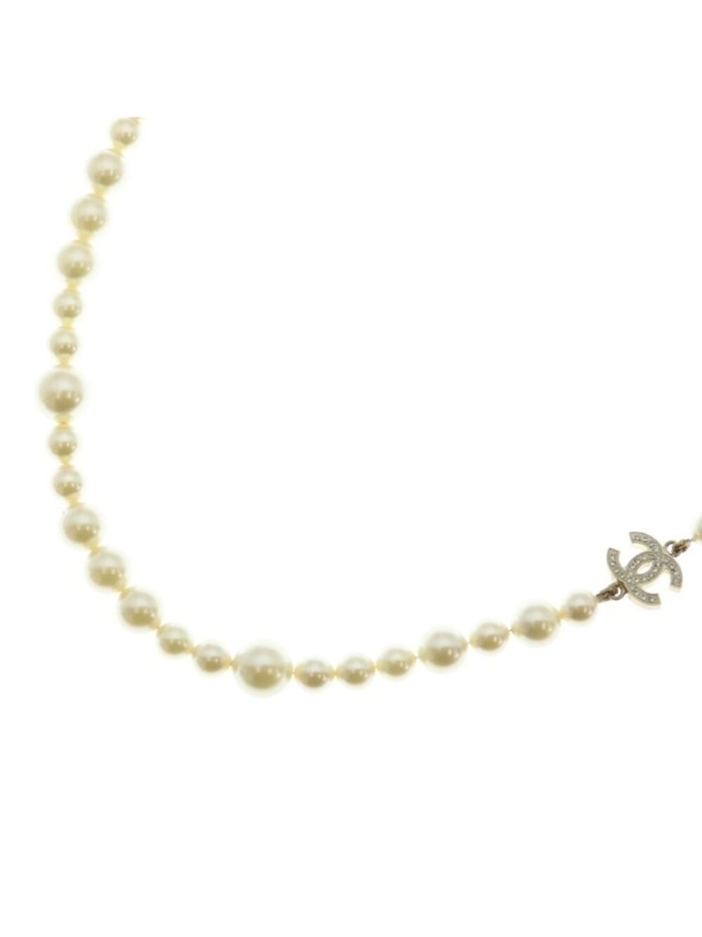 Chanel 10P CC Logo Rhinestone Faux Pearl Long Necklace White Gold
